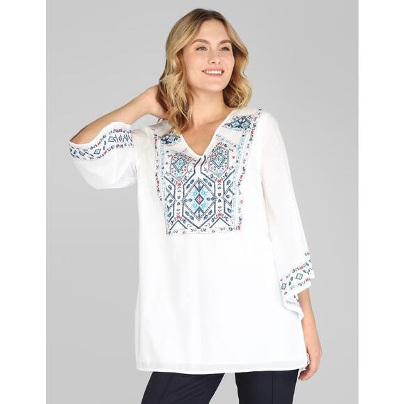 Chico's Women's Boho Floral Embroidered Pullover Top Size 1 Medium White Blue - Picture 1 of 8